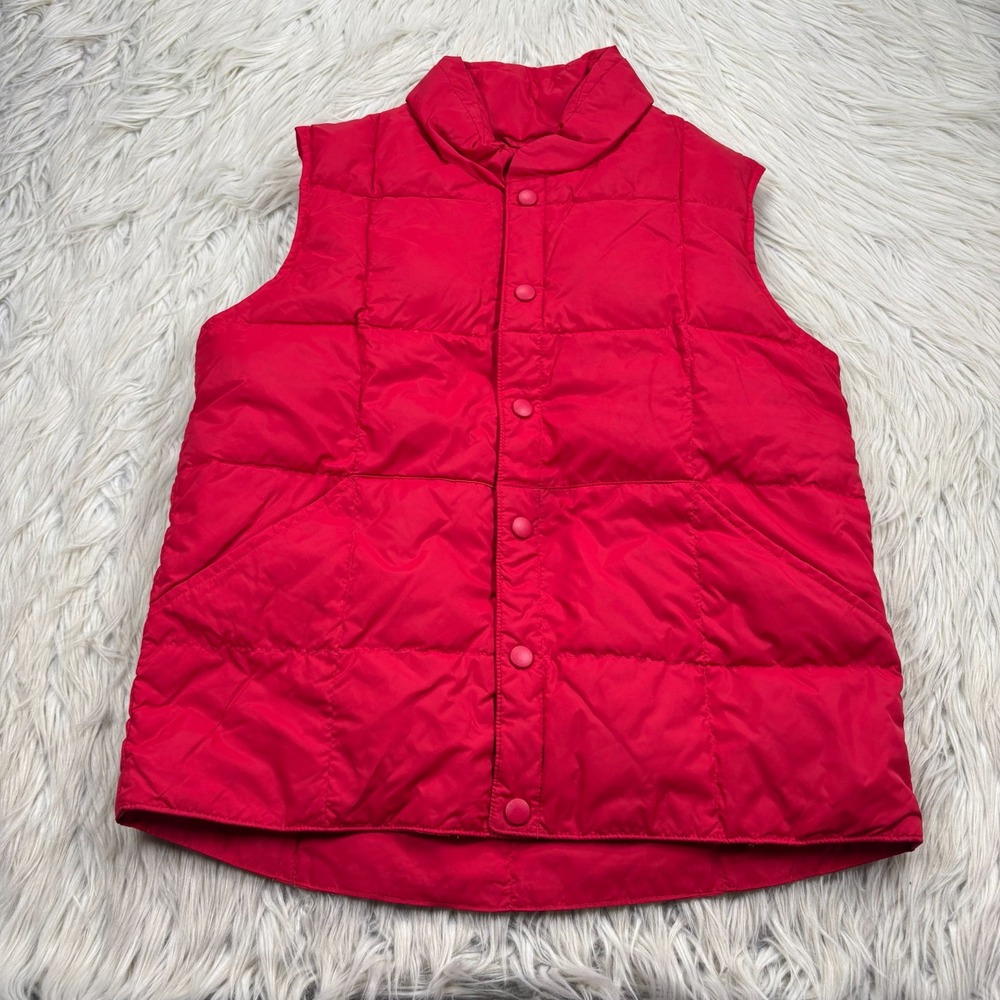 Lands' End Women's M Red Down Fill Puffer Vest Snap Front Christmas Tree Farm